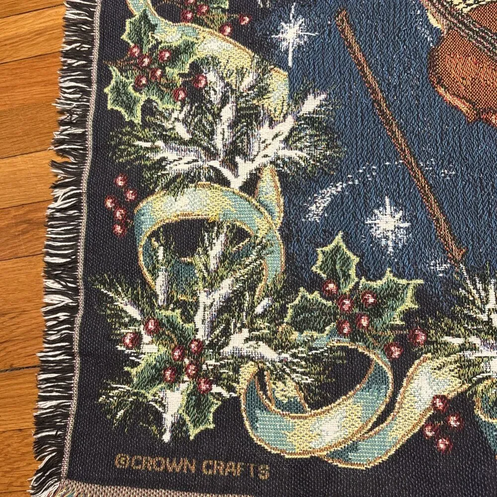Vintage Crown Crafts VTG 44” X 64” Musical Christmas Needlepoint Fringed Blanket